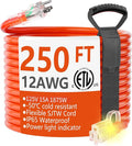 HUANCHAIN 250 ft Outdoor Extension Cord Waterproof 12/3 Gauge Heavy Duty with Lighted end, Flexible Cold-Resistant 3 Prong Electric Cord Outside, 15Amp 1875W 12AWG SJTW, Orange, ETL