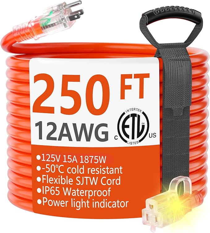 HUANCHAIN 250 ft Outdoor Extension Cord Waterproof 12/3 Gauge Heavy Duty with Lighted end, Flexible Cold-Resistant 3 Prong Electric Cord Outside, 15Amp 1875W 12AWG SJTW, Orange, ETL