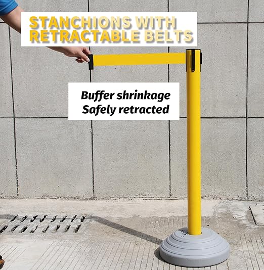BESEA Crowd Control Stanchions with 10 FEET Retractable Belts, Water Filled Base Weighted Barriers Yellow Post 6PACK