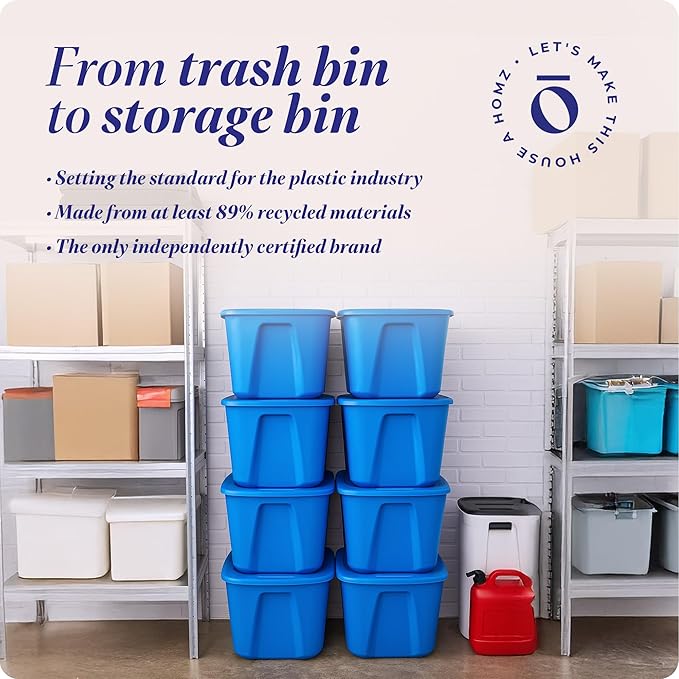 HOMZ 8-Pack Durable Molded Bin, Plastic Storage Containers with Lids, 18 Gallon, Blue - Stackable Organizer Totes and Boxes for Bedroom, Kitchen, and Garage Organization