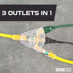 Iron Forge Cable 10 Gauge 25ft Lighted Outdoor Heavy Duty Extension Cord with 3 Outlets - 15 Amp 10/3 SJTW Yellow Extension Cord with Multiple Outlets