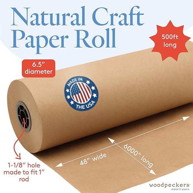 Woodpeckers Brown Kraft Paper Roll 48 inch Wide, 6000 inch Long, 1 Roll, Jumbo Roll for Eco Friendly Christmas Gift Wrapping Paper and Packing Paper
