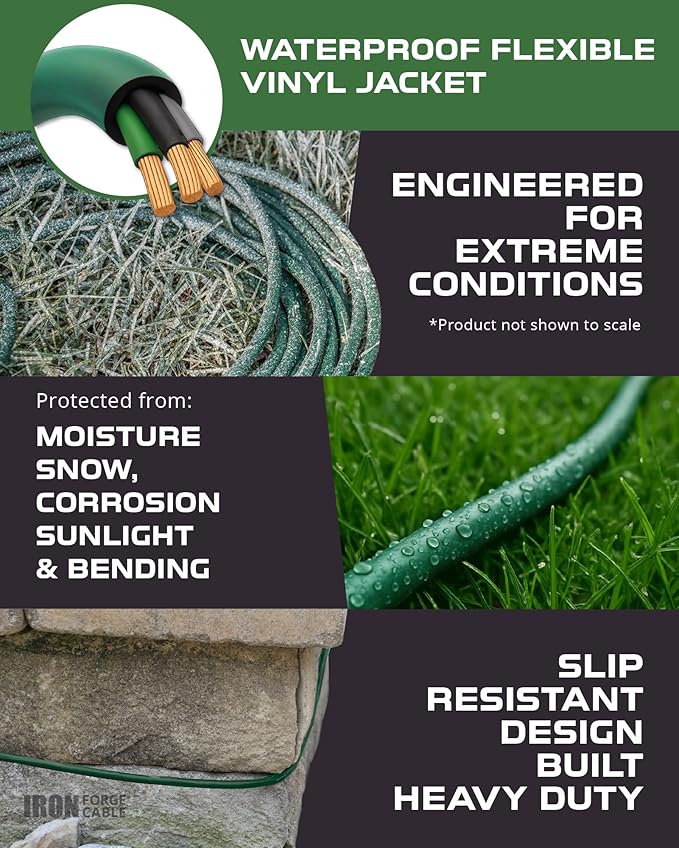Iron Forge Cable 15ft Green Outdoor Extension Cord with 3 Outlets - 16/3 SJTW 15ft Extension Cord 3 Prong, 13 Amp All-Weather Heavy Duty Power Cable