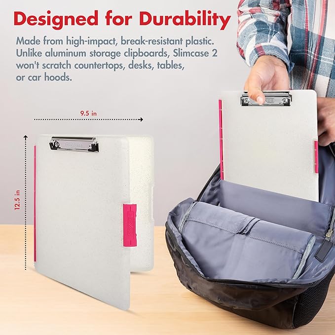 Dexas Slimcase 2 Plastic Clipboard with Storage and Side Opening, Natural Glitter Pink Binding, Office Supplies Clipboards to Organize, A4 Holder, Nursing Clipboards (Pack of 6)