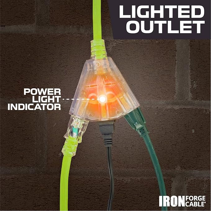 Iron Forge Cable 10 Gauge Extension Cord 10 ft with 3 Outlets Pigtail, 10/3 Heavy Duty Extension Cord with Multiple Outlets for Outdoor & Indoor, 15 AMP Great for Major Appliance, UL Certified
