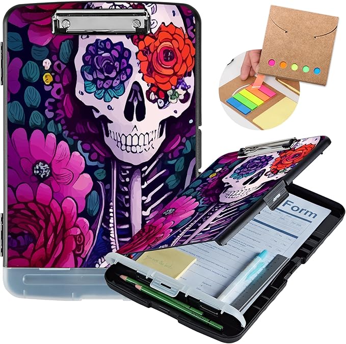 Clipboard with Storage,Heavy Duty Plastic Storage Clipboard with Low Profile Clip,Teacher Must Haves,Office Supplies,Skeleton Rose Flowers