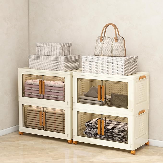 Plastic Stackable Storage Bins with Lids and Wheels, 179.2QT-89.6QT*2Tier Foldable Closet Organizers and Containers, Collapsible Clear Drawer Storage Cabinet with Doors Ivory White