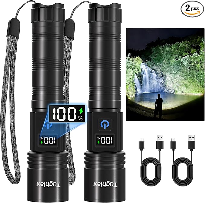 Rechargeable Flashlights 2 Pack, Super Bright Flash Light High Lumens 9900LX, 5 Modes Zoomable Linternas with LCD Digital Display, Powerful Handheld LED Flashlights for Home Emergencies Camping