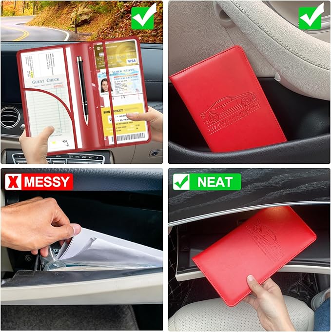 Car Registration and Insurance Card Holder, Leather License Document Red Glove Box Compartment Organizer, Car Wallet Case for Essential Info, License Cards, ID Card