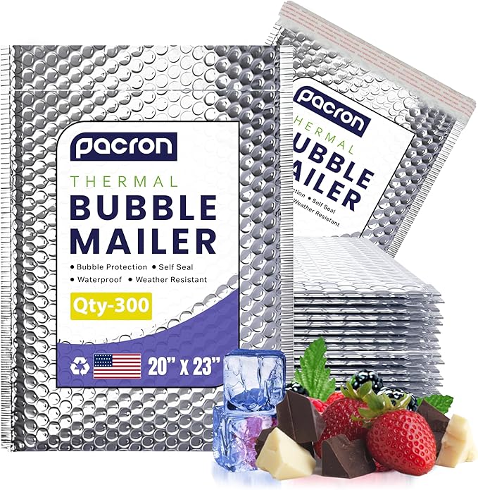 300-Pack Insulated Silver Thermal Bubble Mailers 20 x 23 - Waterproof Metallic Foil Self-Sealing Padded Envelopes for Cold Shipping, Perishables, Food, Cosmetics, Pharmaceuticals