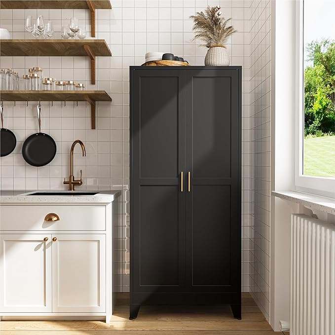 COFaR 61" Tall Pantry Cabinet in Black, Modern Storage Cabinet with Adjustable Shelves, Sturdy Metal Cupboard for Kitchen, Office, Living Room & Bathroom Organization