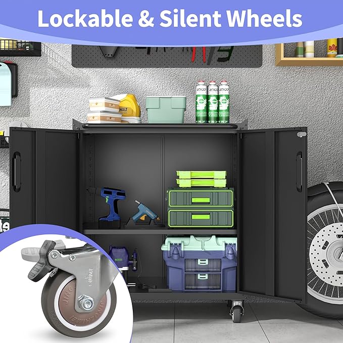 Metal Garage Storage Cabinet on Wheels, Lockable Rolling Tool Cabinet with Doors and Shelves, Heavy Duty Mobile Steel Cabinet for Garage Warehouse Workshop