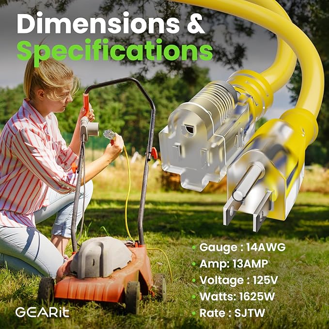 GEARit Outdoor 14 AWG Gauge 3 Prong Plug 100 Foot Extension Cord, Power Cord for Lawn, Garden, Appliances, 14/3, SJTW Heavy Duty for Indoor/Outdoor, All Purpose Weather Resistant, 100 Feet, Yellow