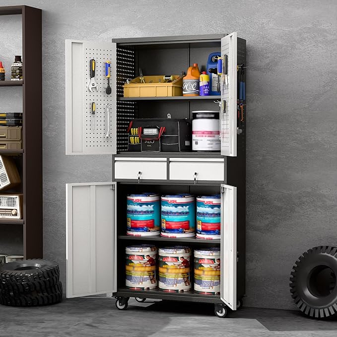 Aobabo 71" H 2 Drawer Metal Storage Cabinet with Wheels and 4 Pegboards,Lockable Steel Garage Storage Cabinet with 2 Adjustable Shelves,Black Sliver,Assembly Required