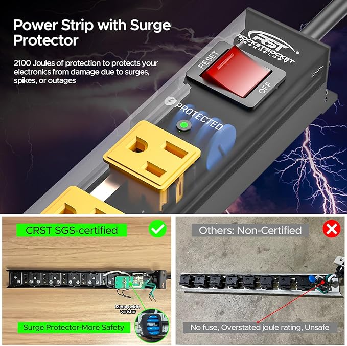 CRST 2 Pack 8 Outlet Metal Heavy Duty Power Strip with Switch, 2100J Surge Protector, Mountable Wide Spaced Workshop Garage Power Strip, 6 FT 14AWG, 15A/1875W