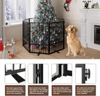 8 Panels Full Metal Freestanding Dog Gates with Door, 160” W x 32” H Folding Pet Gate Fence with Support Feet for Indoor,Stairs, Hallways and Doorways(Black)