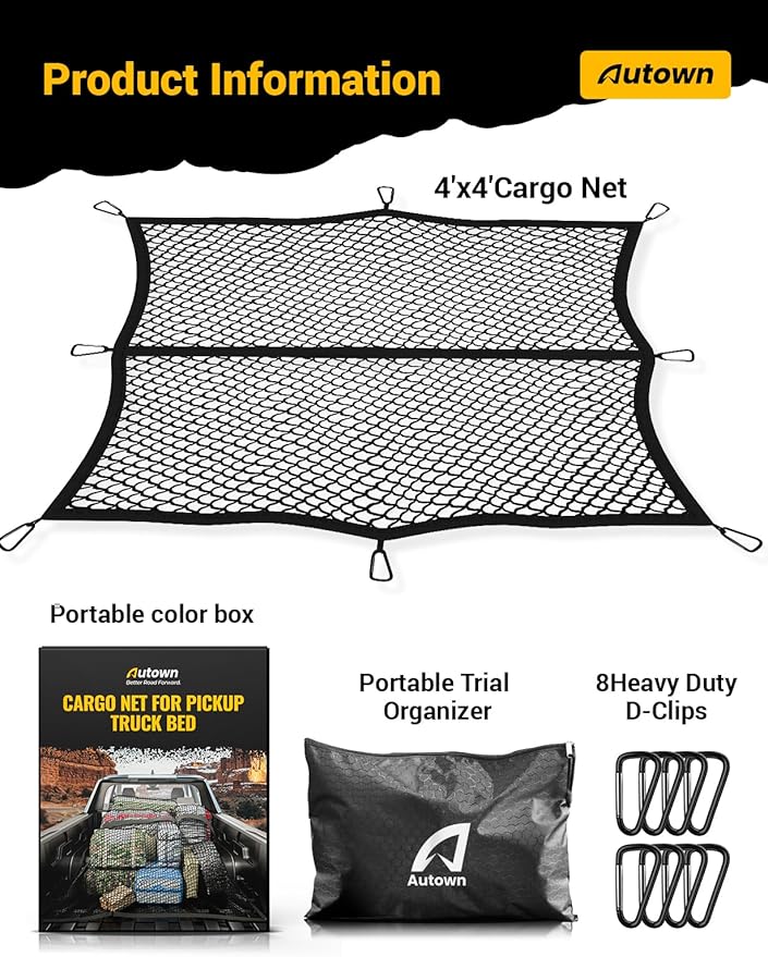 Cargo Net for Pickup Truck Bed - Stretchable 4'x4' to 7'x7', High Elastic Fine Mesh 1''x1'' with 8 Metal Carabiners - Ideal for ATV, SUV, UTV, Truck and Boat Use (Single Layer)