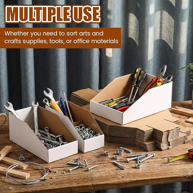 50 Pack Cardboard Storage Bins Assorted Sizes, Cardboard Boxes, 28 Pack 12x4x4.5, 14 Pcs 12x6x4.5, 8 Pcs 12x8x4.5 Corrugated Organizer Bins for Pantry, Shelves, Garage, Office, Shop