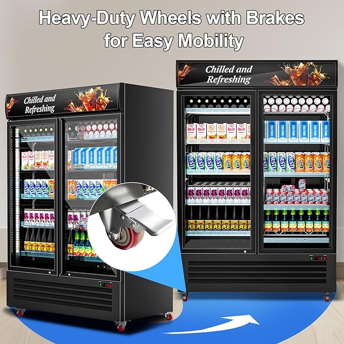 Tylza Commercial Refrigerator, Double Glass Door Display Beverage Fridge, 26.49 Cu Ft Upright Beverage Cooler Merchandiser with Replaceable Advertising Light Board, Rebound Door, Fast Cooling, Black