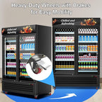 Tylza Commercial Refrigerator, Double Glass Door Display Beverage Fridge, 26.49 Cu Ft Upright Beverage Cooler Merchandiser with Replaceable Advertising Light Board, Rebound Door, Fast Cooling, Black