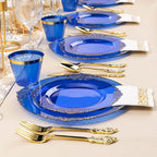 700PCS Clear Blue Plastic Plates for 100 Guests, Disposable Plates with Gold Trim include 100 Dinner plates, 100 Dessert Plates, 100 Gold Silverware, Cups and Napkins for Party, Graduation