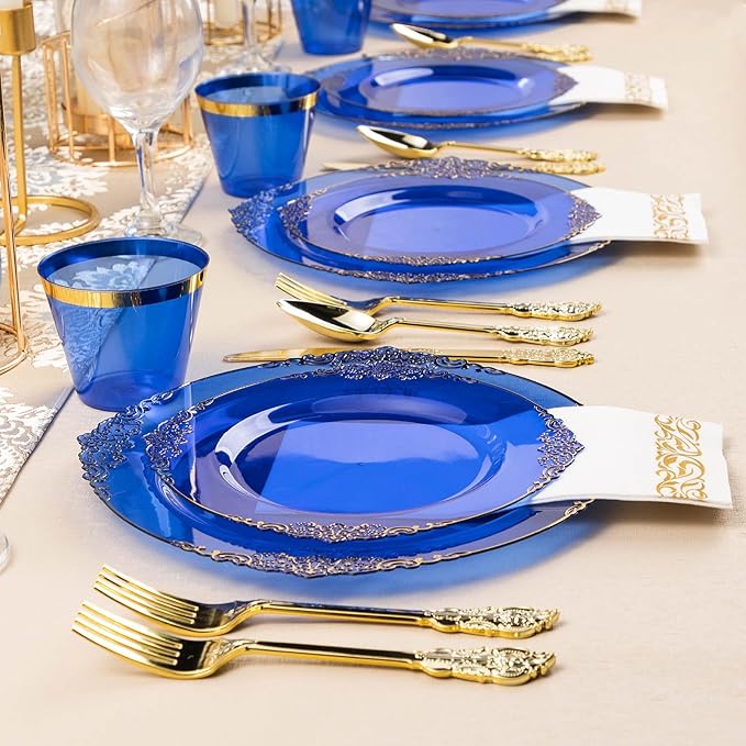 350PCS Clear Blue Plastic Plates for 50 Guests, Disposable Plates with Gold Trim include 50 Dinner and Dessert Plates, 150 Gold Silverware, 50 Cups, 50 Napkins for Party, Wedding & Graduation