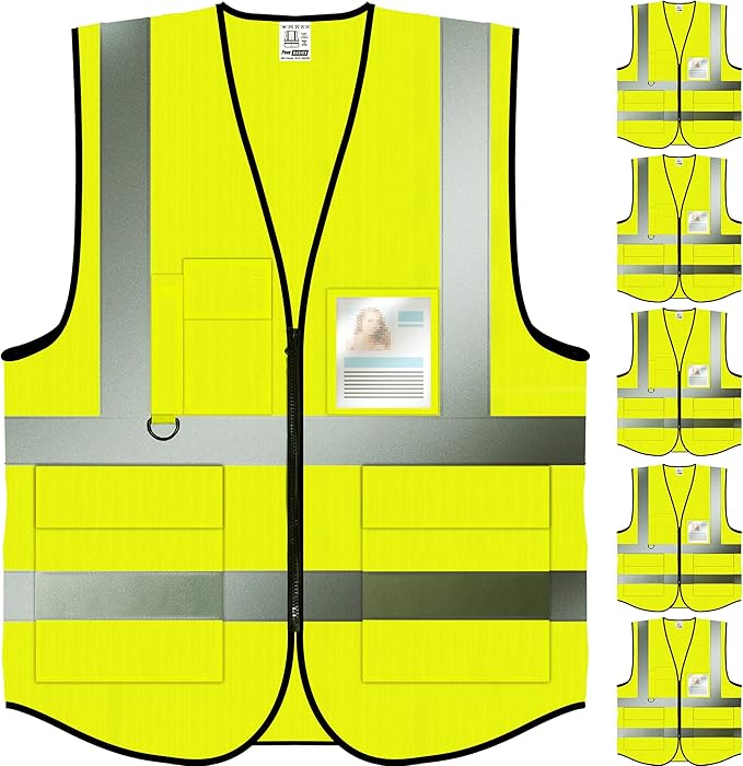PeerBasics Safety Vest 5 Pack, Yellow, ANSI Class 2, Reflective, For Men Women Unisex, With Pockets Zipper, Breathable Mesh (Medium)