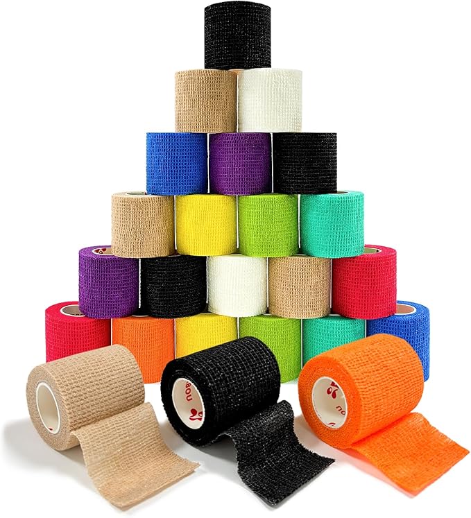 [24Pack 2" x5 Yards] Self Adhesive Bandages Vet Wrap, Wrap Tape Athletic Cohesive Bandage for Sports Injury, Strain, Knee&Wrist, Ankle Sprains. First Aid Non-Woven Bandages