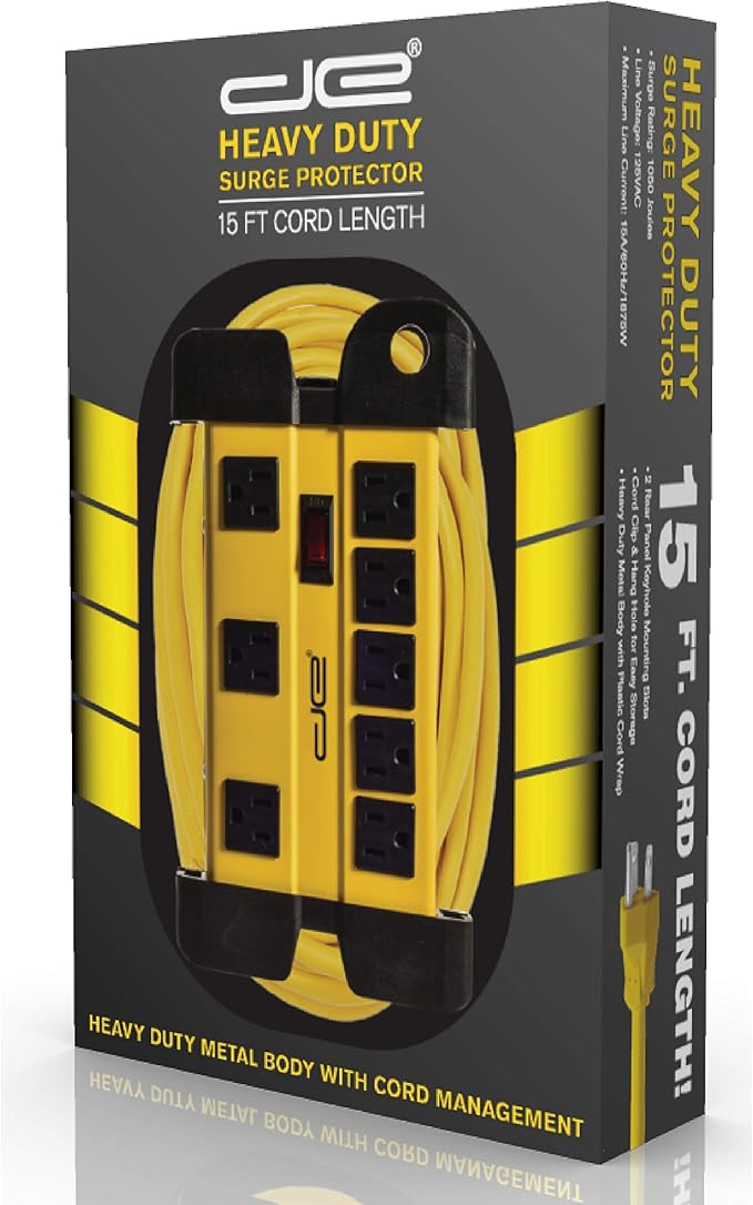 Digital Energy 15 Foot Long Surge Protector 8-Outlet Heavy Duty Metal Mountable 1050 Joules Protection Extension Cord Power Strip with Cord Management, 15 Foot Long Extension Cord, UL Listed