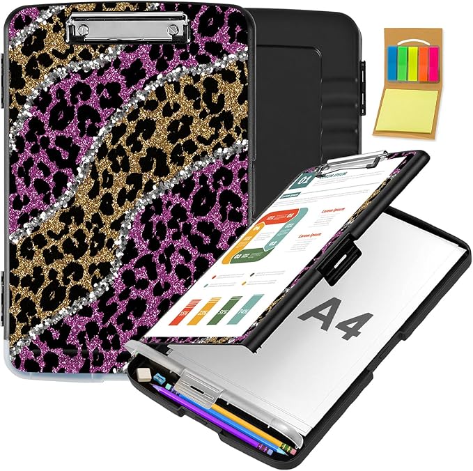 Clipboard with Storage,Office Supplies Nursing Clipboards Folder with Pen Holder Plastic Storage ClipBoard Foldable for Teacher Nurse,Pink Golden Leopard