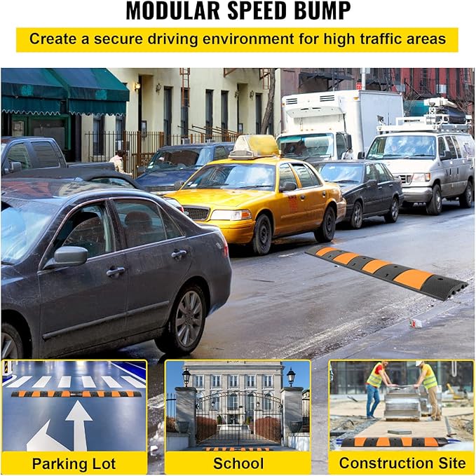 VEVOR Rubber Speed Bump, 1 Pack 2 Channel Speed Bump Hump, 72.8" Long Modular Speed Bump Rated 22000 LBS Load Capacity, 72.8 x 12.2 x 2.2 Garage Speed Bump for Asphalt Concrete Gravel Driveway-6 FT