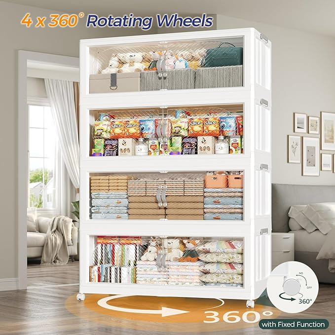 480QT Plastic Stackable Storage Bins with Lid, 120GAL Extra Large Collapsible Box with Wheels Clear Door, Foldable Closet Organizer Container Cabinet Drawer for Home Kitchen，3Pack, White