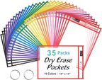 SUNEE 35 Packs Oversized Reusable Dry Erase Pocket Sleeves with 2 Rings, 10 Assorted Colors 10x14 Ticket Holders, Clear Plastic Sheet Protectors, Teacher School Classroom Supplies