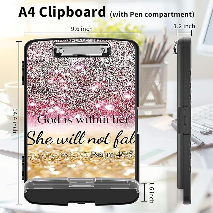 Clipboard with Storage High Capacity Plastic Nursing Clipboards with Pen Holder File Folder Storage Box Clipboard with Heavy Duty Clips for Teacher,Doctor,Offices-Christian Bible Psalm 46-5