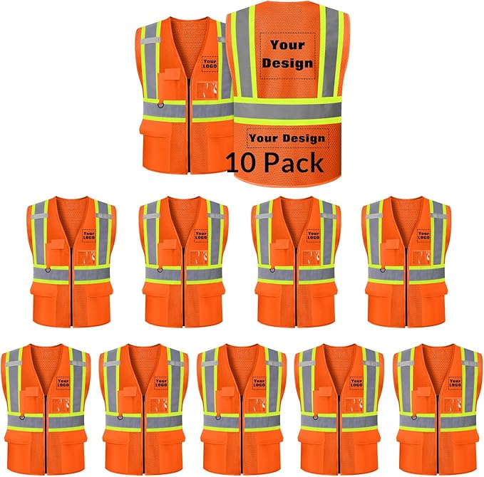 Safety Vest Customize Logo with 5 Pockets & Zipper Reflective High Visibility Vest Class 2 Outdoor Workwear
