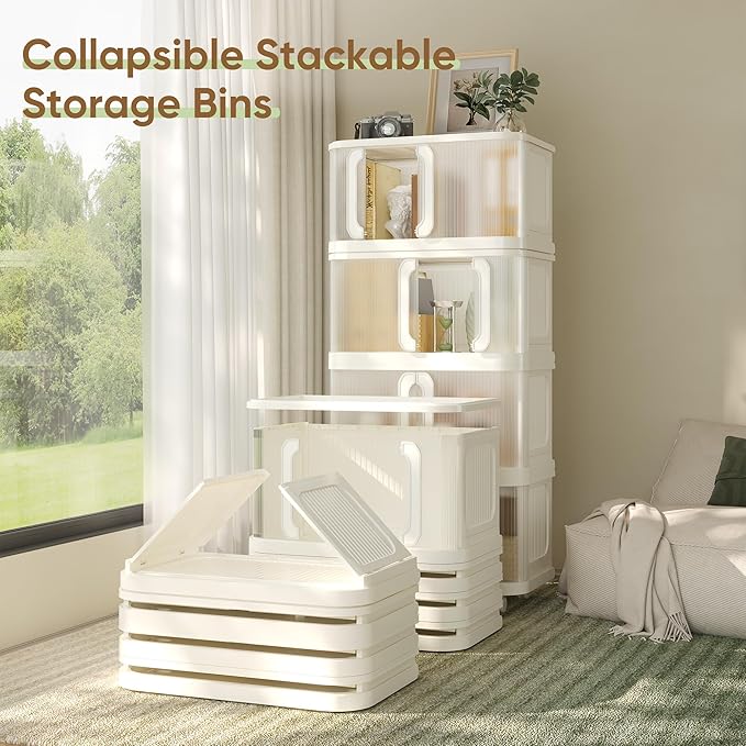 VUSIGN 360 QT Stackable Storage Bins with Lid, Folding Storage box with Wheels, Collapsible Plastic Storage Bins for Closets, Stackable Storage Organizer, Storage Containers, 4Pack, White