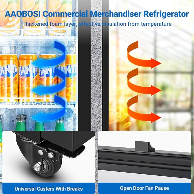 AAOBOSI Commercial Merchandiser Refrigerator,12.29 Cu.Ft Glass Door Display Refrigerator,Upright Beverage Cooler Fridge with Soft LED Light, Customizable Lightbox,Universal Casters, Adjustable Shelves