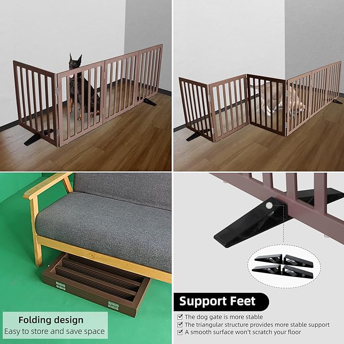 ZJSF Freestanding Indoor Dog Gate for House Foldable Wood Puppy Gate for Doorways Pet Gate for Stairs Extra Wide Pet Fence, Brown, 32" Height 2 Panels