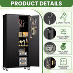 71'' Garage Storage Cabinet on Wheels Black Metal Tool Cabinets with Locking Doors and 3 Adjustable Shelves,Heavy Duty Tall Rolling Steel Cabinets for Garage Warehouse Basement Office