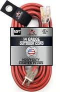 50 ft - 14 Gauge Extension Cord Outdoor - Made in USA - Lighted on Both Ends - Red Outdoor Extension_Cord Waterproof by Anthem Cable - Heavy Duty ExtensionCord 50 ft 15 Amp Extension
