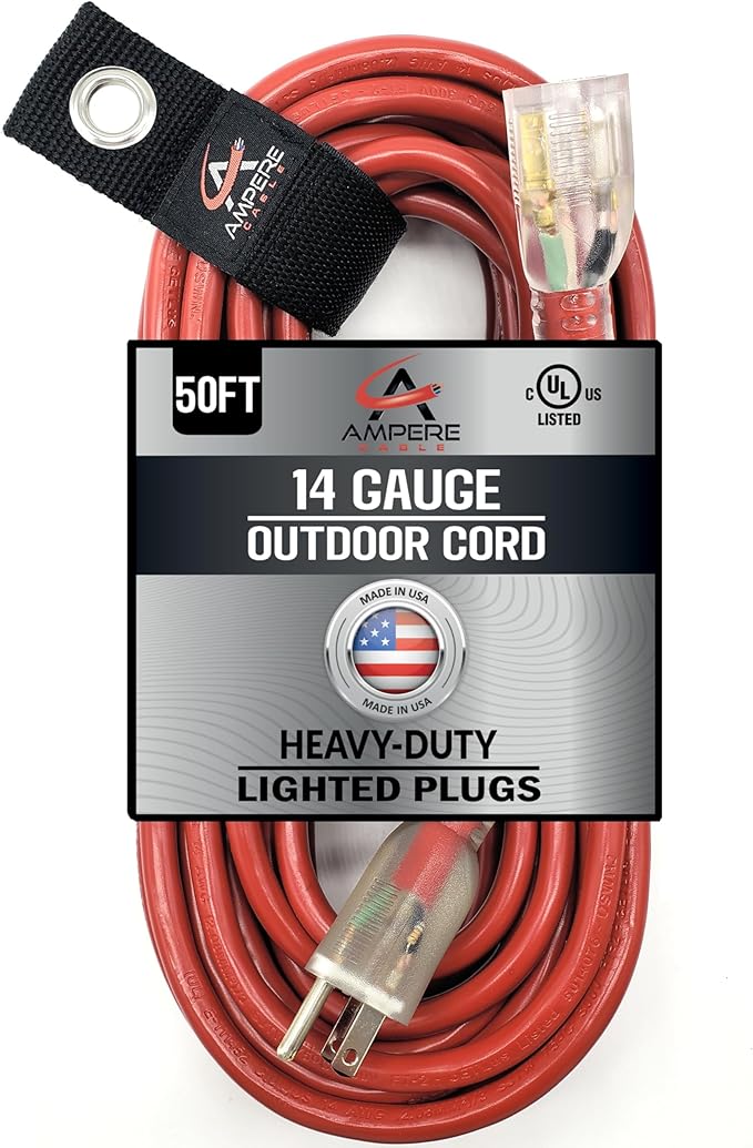 50 ft - 14 Gauge Extension Cord Outdoor - Made in USA - Lighted on Both Ends - Red Outdoor Extension_Cord Waterproof by Anthem Cable - Heavy Duty ExtensionCord 50 ft 15 Amp Extension