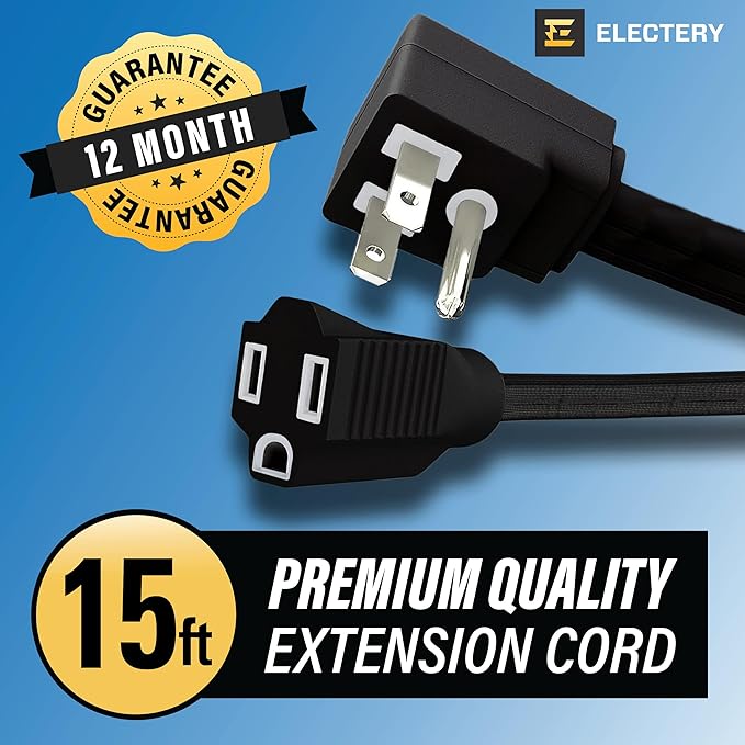 15 ft Heavy Duty Appliance Extension Cord, 14 AWG, 15A 125V 1875W, 3 Prong Flat Plug, ETL Listed, Short Power Extension Cable for Air Conditioner, Refrigerator, Microwave, Indoor Use, Black
