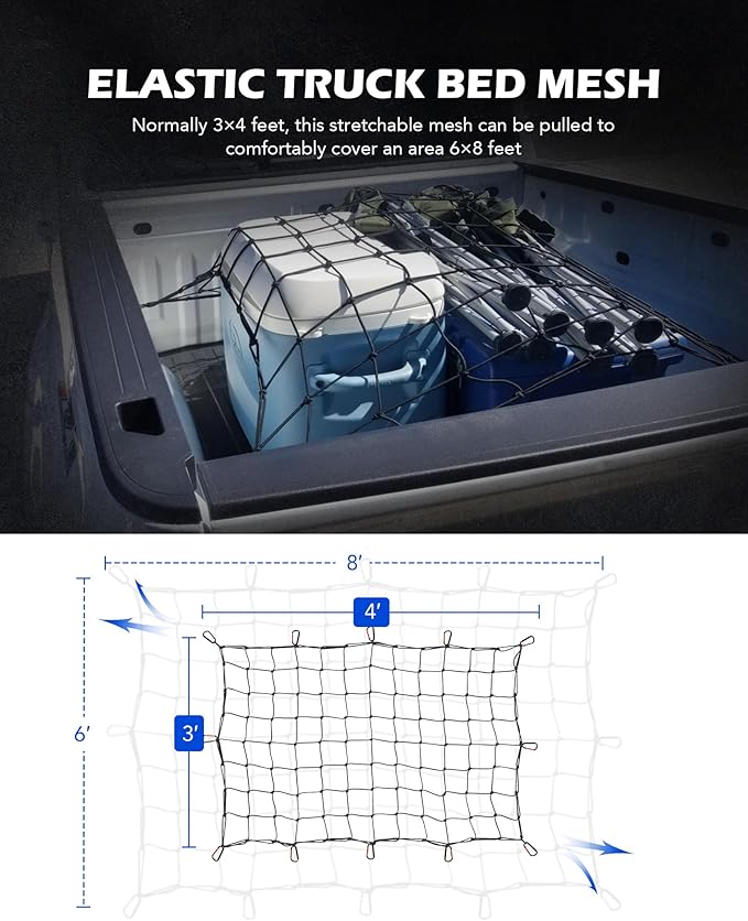 Orion Motor Tech 3x4 ft Heavy Duty Cargo Net for Pickups SUVs Vans Semis, 6x8ft Max Bungee Cord Net for Truck Bed Roof Rack Trailer More with Handmade Knotting, 12 Carabiners, Storage Bag