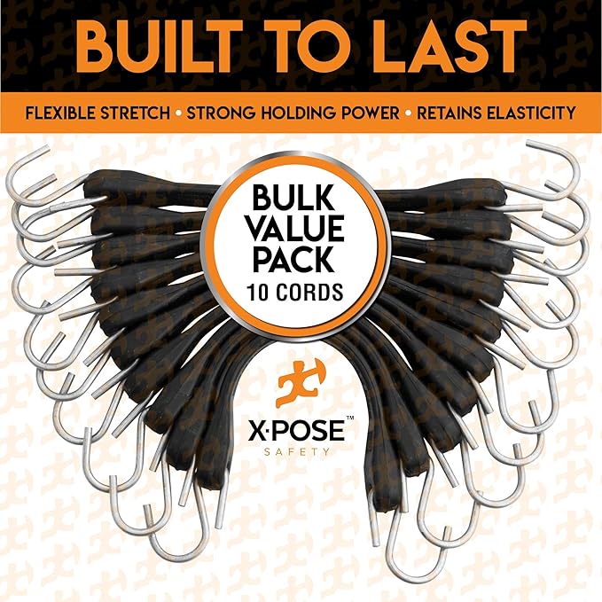Rubber Bungee Cords with Hooks 10 Pack 9 Inch (14” Max Stretch) Heavy-Duty Black Tie Down Straps for Outdoor, Tarp Covers, Canvas Canopies, Motorcycle, and Cargo - by Xpose Safety