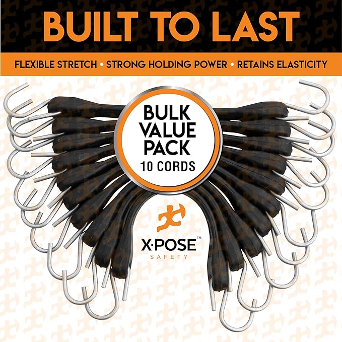 Rubber Bungee Cords with Hooks 10 Pack 41 Inch (62” Max Stretch) Heavy-Duty Black Tie Down Straps for Outdoor, Tarp Covers, Canvas Canopies, Motorcycle, and Cargo - by Xpose Safety
