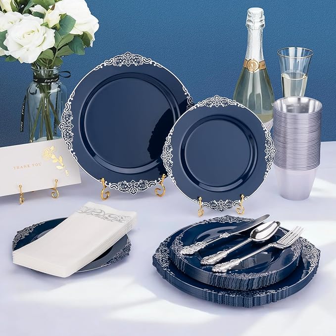 700PCS Navy Blue Plastic Plates for 100 Guests, Disposable Plates with Gold Trim include 100 Dinner plates, 100 Dessert Plates, 100 Gold Silverware, Cups and Napkins for Party, Graduation