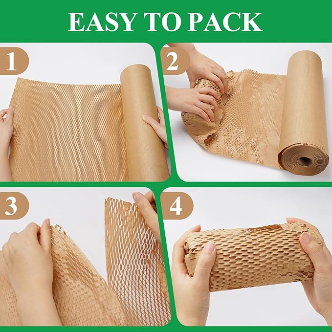 Honeycomb Packing Paper Wrap 12"x60' Recycled Bubble Cushioning Wrap Roll Eco Friendly Shipping Boxes Moving Wrap Packing Supplies Material with 10 Fragile Sticker Labels
