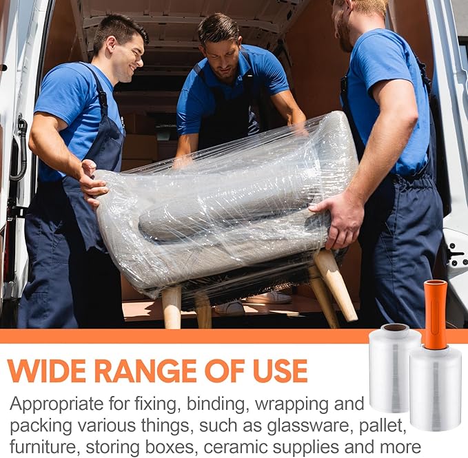 Jutom 8 Pcs Clear Stretch Wrap Roll Plastic Wrap for Moving with 2 Handles 5" x 1000 ft Cling Packaging Shrink Film Self Adhering Shipping Supply for Moving Bounding Storing Pallet Furniture (Orange)