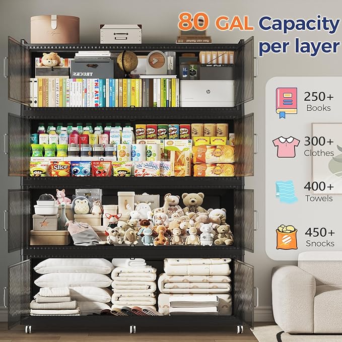 320 Gallon Extra Large Collapsible Storage Bin with Lid, 960QT Stackable Plastic Organizer with 6X Wheels, Foldable Drawer Cabinet for Closet, Living Room Office, Kitchen 4Pack, Black