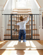Babelio Metal Auto Close Baby Gate PressGuard P7,Extra Wide Pet Gate for The House and Doorways, Pressure Mounted Walk Thru Child Gate with Door (Black, 30" Tall 29"-48" Wide)